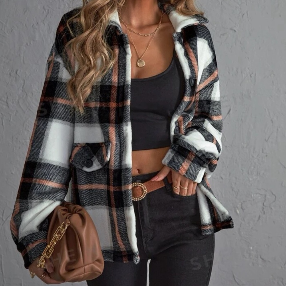 SHEIN Plaid Print Drop Shoulder Shacket S
